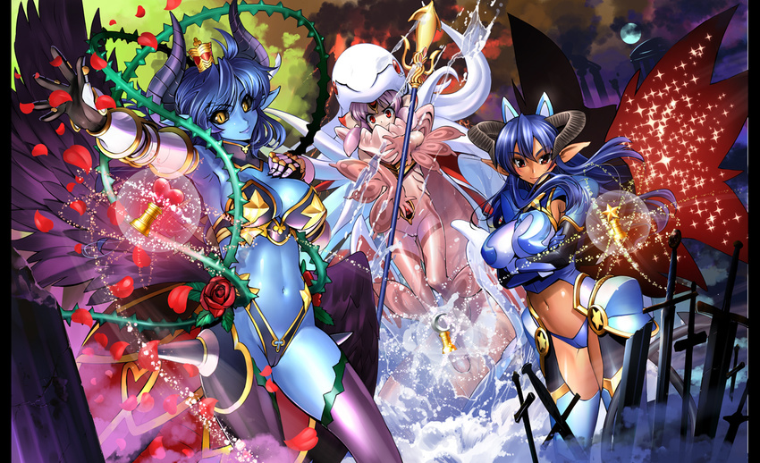 3girls asmodeus_(shinrabanshou) black_sclera blue_hair breasts cameltoe cleavage colored_sclera commentary_request crossed_arms demon_girl flower gauntlets horns large_breasts leviathan_(shinrabanshou) long_hair monster multiple_girls navel petals photoshop_(medium) plant pointy_ears polearm purple_hair red_eyes revision rose sasayuki shinrabanshou slit_pupils smile spear thighhighs thorns vines weapon wings yellow_eyes yoru_maou_belpheria