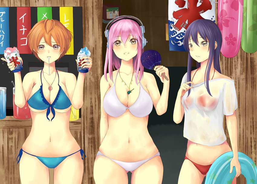 3girls axanael bikini black_hair blue_bikini breasts brown_hair cleavage commentary_request food fujimi_suzu hand_fan headphones ice large_breasts long_hair looking_at_viewer mirufi-yu multiple_girls navel nitroplus open_mouth paper_fan red_bikini see-through shirt short_hair super_sonico swimsuit uchiwa watanuki_fuuri wet wet_clothes wet_shirt white_bikini