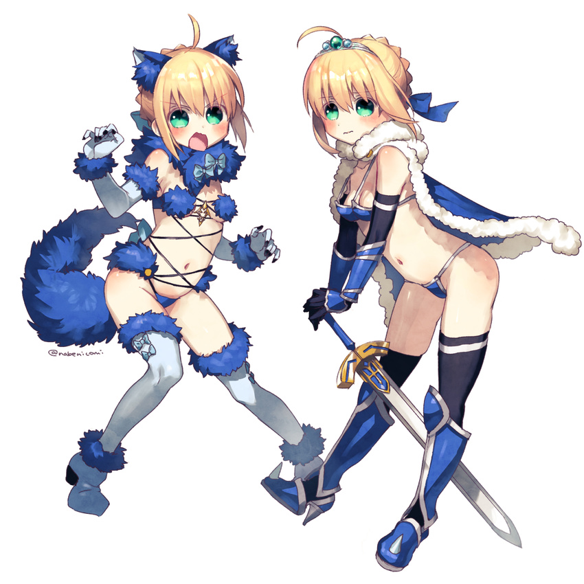 adapted_costume ahoge alternate_color alternate_costume animal_ears armor armored_boots artoria_pendragon_(fate) ass bikini_armor blonde_hair blue_bow blue_cape blue_fur blue_ribbon blue_tail blush boots bow breasts cape capelet commentary_request cosplay elbow_gloves elizabeth_bathory_(brave)_(fate) elizabeth_bathory_(brave)_(fate)_(cosplay) elizabeth_bathory_(fate) excalibur_(fate/stay_night) fate/grand_order fate_(series) female fur_trim gloves green_eyes hair_ornament hair_ribbon halloween_costume highres looking_at_viewer mash_kyrielight mash_kyrielight_(dangerous_beast) mash_kyrielight_(dangerous_beast)_(cosplay) multiple_views nabenko navel open_mouth revealing_clothes ribbon saber_(fate) shin_guards simple_background small_breasts sword tail thigh_gap tiara twitter_username weapon white_background