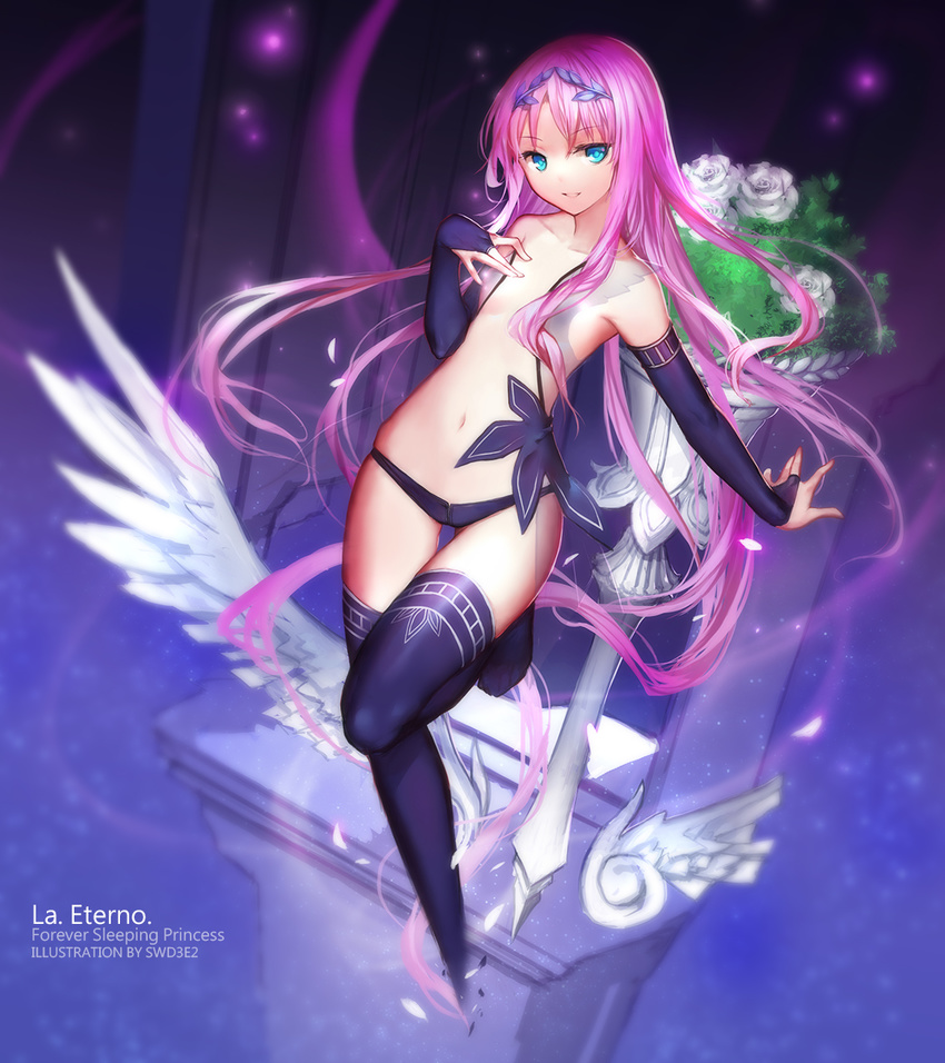 artist_name bad_id bad_pixiv_id black_panties black_thighhighs blue_eyes bridal_gauntlets female flower hair_censor highres ikusa_megami_(series) latina_tin_rewinia long_hair navel panties photoshop_(medium) pink_hair rose smile solo swd3e2 tenbin_no_la_dea_~ikusa_megami_memoria~ thighhighs topless underwear underwear_only very_long_hair white_flower white_rose