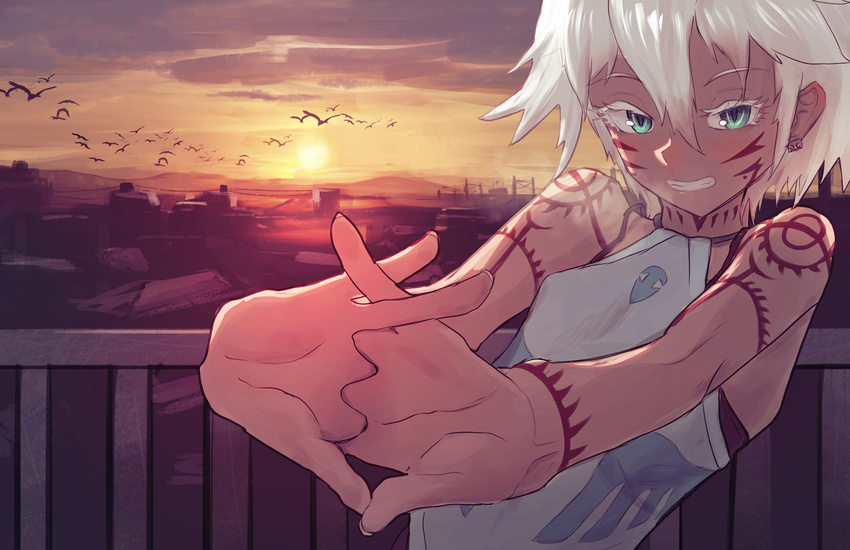 blue_eyes borrowed_character cracking_knuckles dark_skin dusk facial_tattoo female female gino grin irezumi-san_(ozka) original outdoors short_hair solo stretch sunset tattoo white_hair