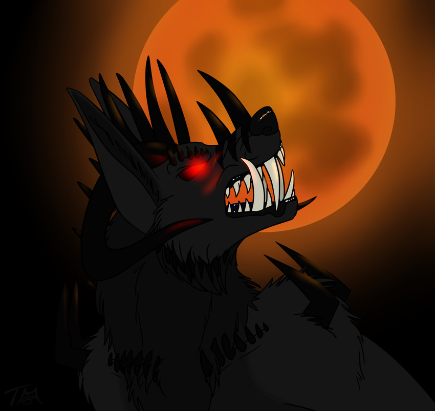 ambiguous_gender bakari canid canine canis claws dark fangs feral fur glowing glowing_eyes hi_res horn hybrid male mammal moon open_mouth red_eyes solo teeth wolf