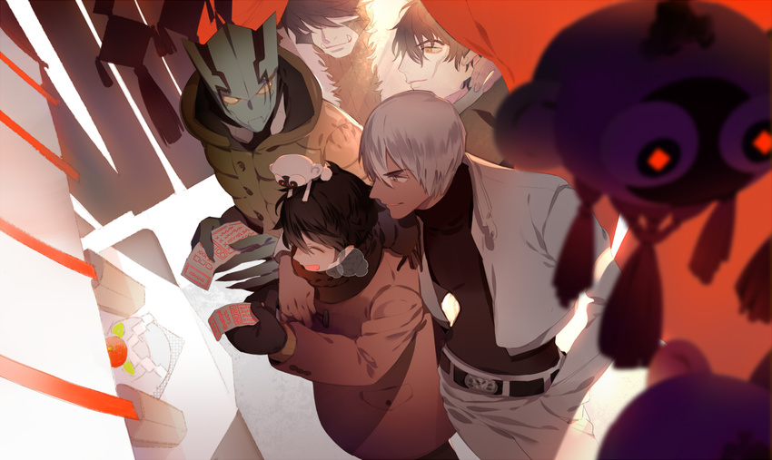 5boys black_hair closed_eyes commentary_request fur_trim jacket kanamura_ren kekkai_sensen klaus_von_reinhertz leonardo_watch monkey multiple_boys mutton_chops new_year oerba_yun_fang omikuji short_hair sonic_speed_monkey steven_a._starphase white_hair zap_renfro zed_o'_brien