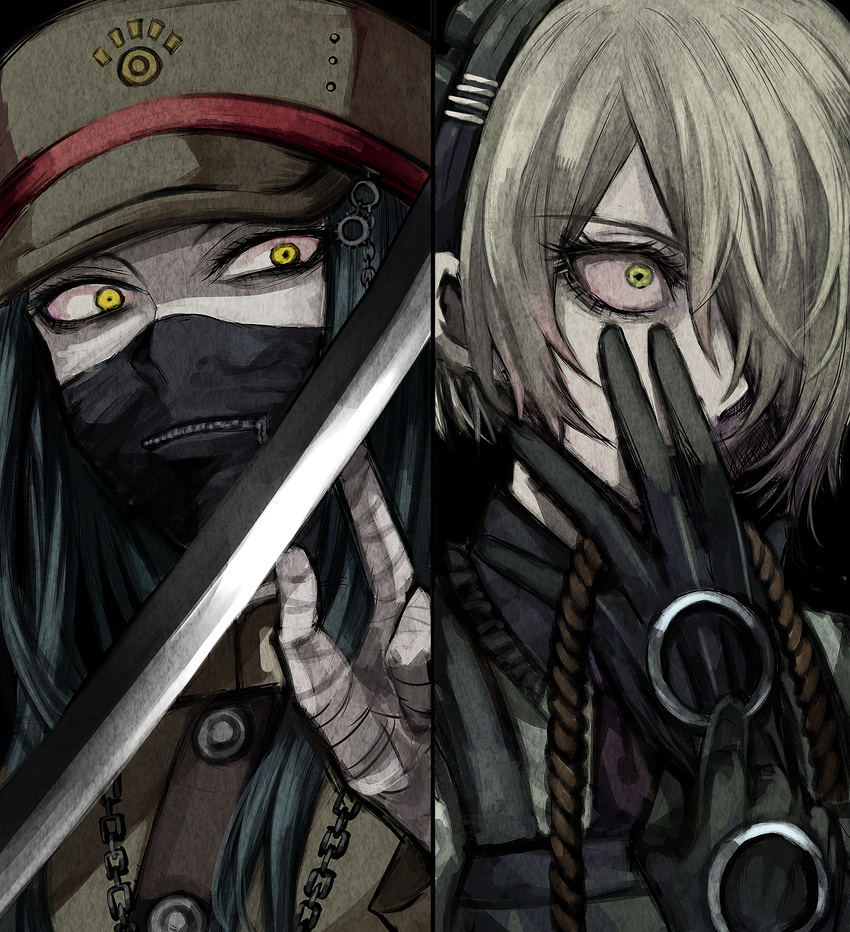 1boy bandage black_hair danganronpa duo female gloves green_eyes grey_hair hat headdress japanese_clothes long_hair long_sleeves maid maid_headdress mask new_danganronpa_v3 rope shinguuji_korekiyo short_hair sword toujou_kirumi uniform weapon xino yellow_eyes