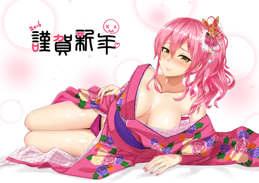 bare_shoulders blush breasts collarbone commentary_request densuke_(iha-syuon) female floral_print furisode hair_ornament idolmaster idolmaster_cinderella_girls japanese_clothes jougasaki_mika kimono large_breasts lips long_hair looking_at_viewer lying nose_blush obi on_side panties pink_panties ponytail sash simple_background solo underwear wavy_hair yellow_eyes