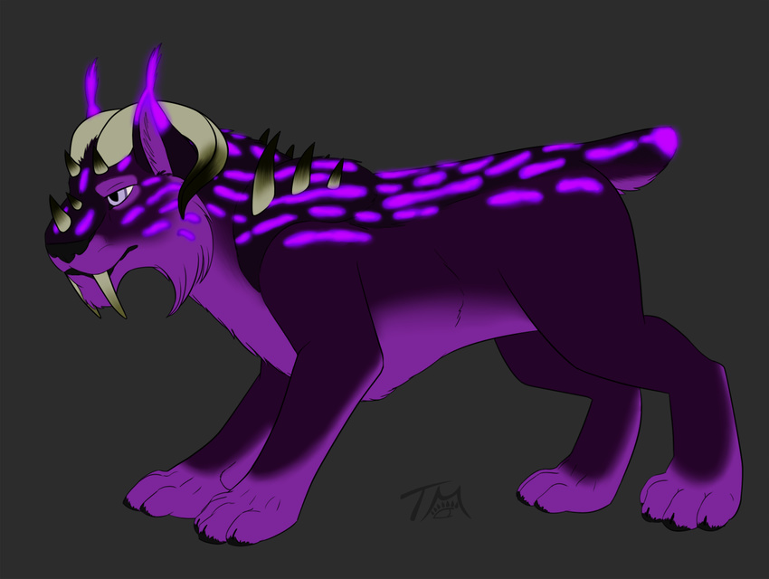 bakari bioluminescence fangs felid feral fur glowing horn hybrid male mammal simple_background solo standing teeth