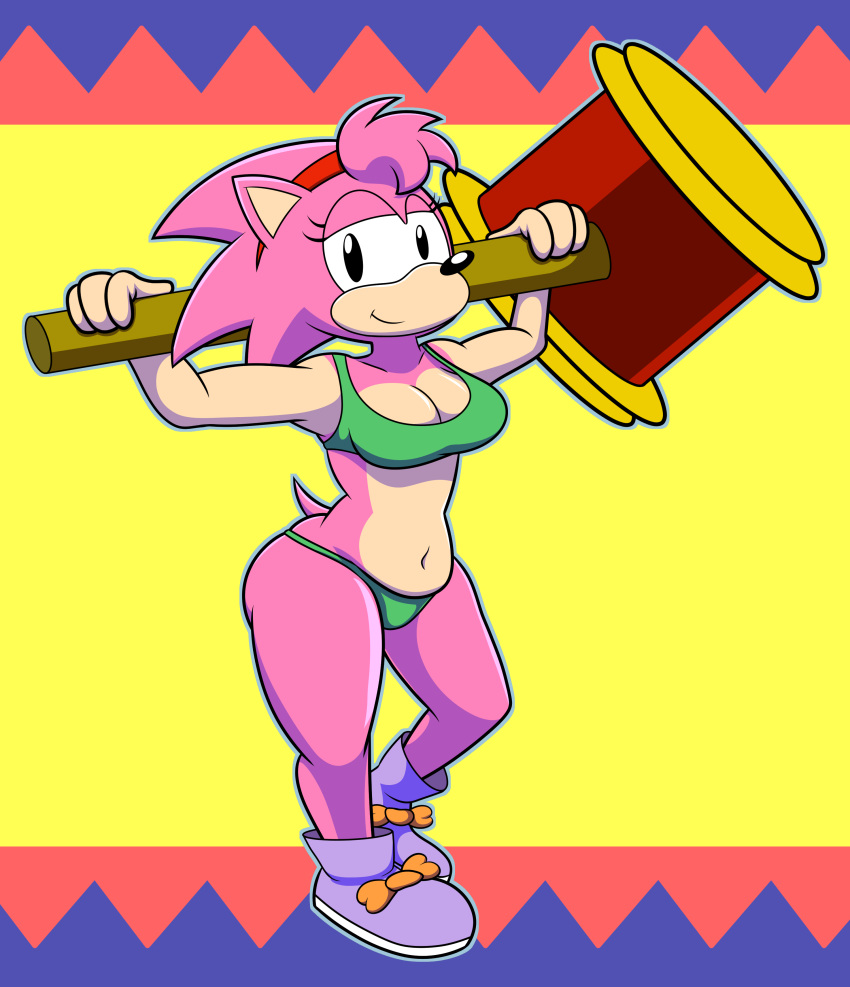 2020 absurd_res amy_rose anthro bikini biped black_eyes breasts classic_amy_rose classic_sonic_(universe) clothing colorful_theme digital_media_(artwork) eulipotyphlan female footwear full-length_portrait green_bikini green_clothing green_swimwear hedgehog hi_res holding_object holding_weapon mammal marcodile outline piko_piko_hammer pink_body portrait sega shoes simple_background smile solo sonic_the_hedgehog_(series) standing swimwear tan_body tan_skin weapon yoke_pose