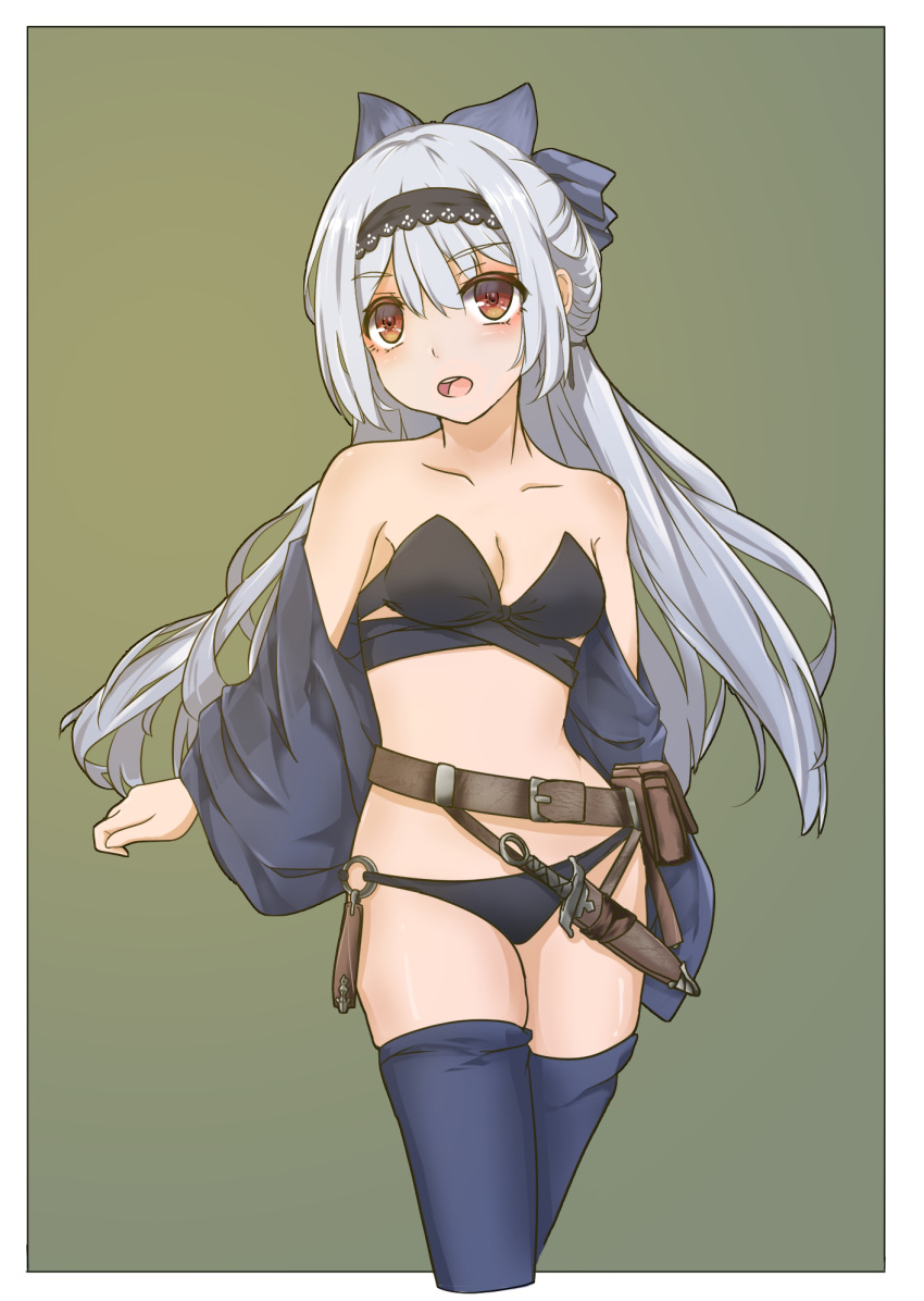 bare_shoulders belt belt_pouch bikini black_bikini blue_bow blue_hair bow breasts brown_eyes buffetfc cleavage collarbone commentary_request cowboy_shot dagger detached_sleeves female girls'_frontline green_background hairband hairbow highres knife lace-trimmed_hairband lace_trim long_hair looking_to_the_side o-ring o-ring_bottom open_mouth pouch sheath small_breasts solo swimsuit thighhighs tokarev_(girls'_frontline) tokarev_(griffin's_dancer)_(girls'_frontline) very_long_hair weapon