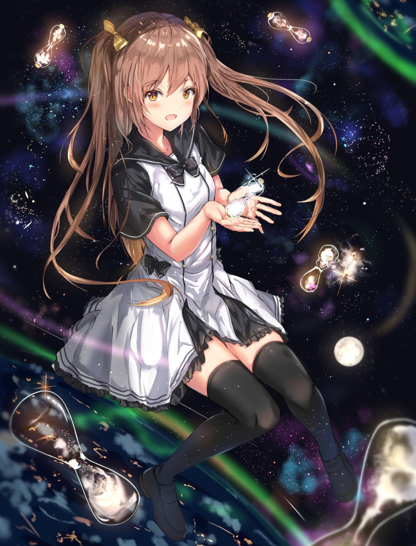 black_bow black_footwear black_skirt blurry blush bow bowtie brown_hair collarbone depth_of_field dress eyes_visible_through_hair female floating frilled_skirt frills galaxy hair_ornament hairbow highres holding holding_hourglass hourglass lens_flare loafers long_hair looking_at_viewer moon na_kyo nebula neckerchief open_mouth original planet sailor_collar sailor_dress shoes short_sleeves skindentation skirt smile solo space star_(symbol) thighhighs twintails white_dress yellow_bow yellow_eyes zettai_ryouiki