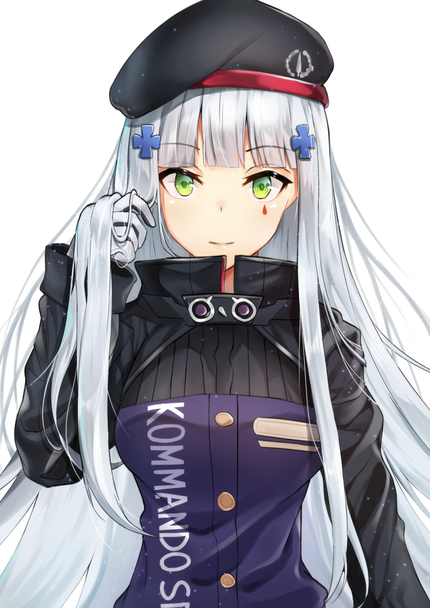 atora bad_id bad_pixiv_id beret black_hat blunt_bangs blush breasts closed_mouth clothes_writing facial_mark female girls'_frontline gloves green_eyes grey_gloves hair_ornament hand_in_own_hair hand_up hat high_collar highres hk416_(girls'_frontline) jacket long_hair long_sleeves looking_at_viewer medium_breasts purple_jacket sidelocks simple_background smile solo straight_hair very_long_hair white_background white_hair x_hair_ornament