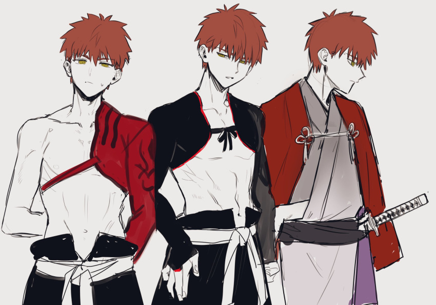 1boy bad_id bad_twitter_id commentary emiya_shirou fate/grand_order fate/stay_night fate_(series) highres igote japanese_clothes kani_seijin katana long_sleeves male_focus nagatekkou orange_hair raglan_sleeves senji_muramasa_(fate) sheath sheathed short_hair single_bare_shoulder sword weapon yellow_eyes