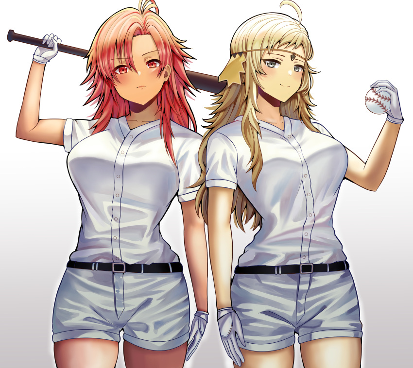 2girls absurdres ahoge alternate_costume baseball baseball_bat baseball_uniform belt blonde_hair breasts circlet commission commissioner_upload fire_emblem fire_emblem:_three_houses fire_emblem_fates gloves grey_eyes hapi_(fire_emblem) highres long_hair looking_at_viewer multiple_girls ophelia_(fire_emblem) red_eyes red_hair saikunartworks shorts smile sportswear