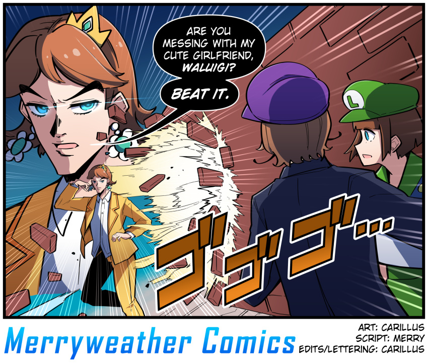 2boys artist_name blue_eyes breaking_through_wall broken_wall brown_hair carillus collaboration commentary crown earrings english_commentary english_text female flower_earrings genderswap_(ftm) genderswap_(mtf) green_headwear highres jacket jewelry jojo_no_kimyou_na_bouken luigi mario_(series) menacing_(jojo) merryweather multiple_boys open_mouth pants pose princess_daisy purple_headwear rule_63 shirt short_hair speech_bubble surprised wall waluigi white_shirt yellow_jacket yellow_pants