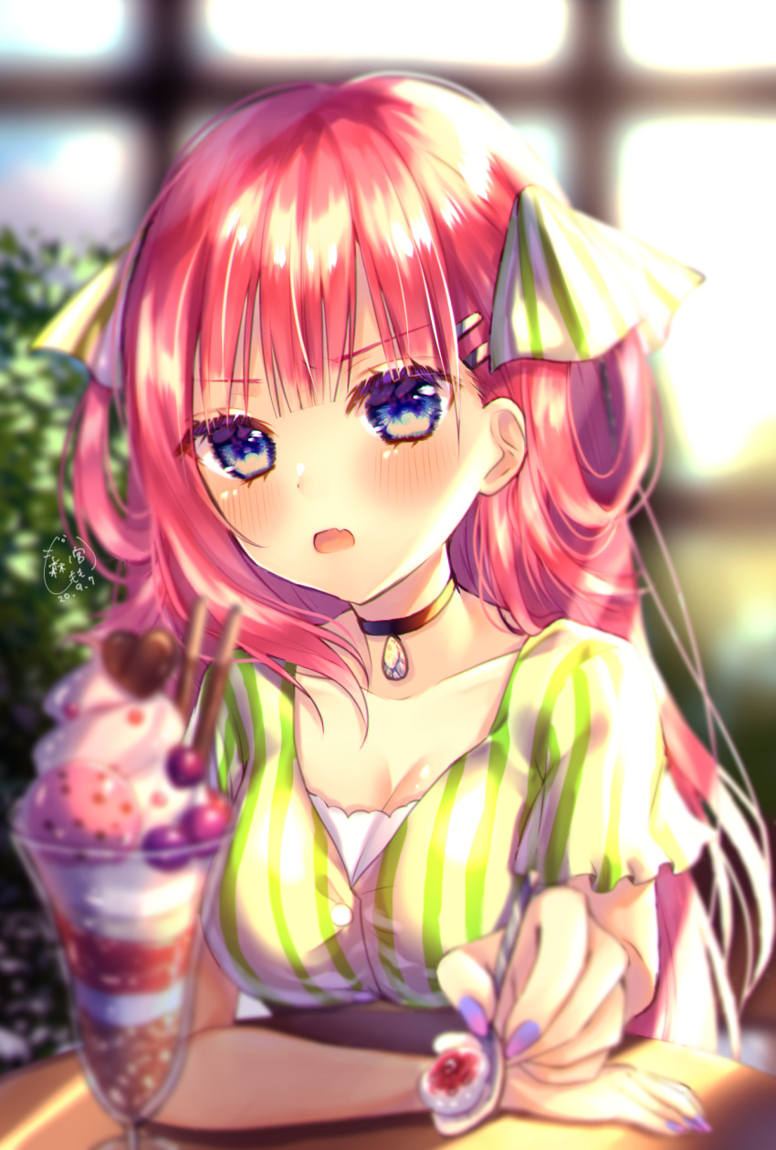 blue_eyes blunt_bangs blush breasts butterfly_hair_ornament choker cleavage collarbone dress female frilled_sleeves frills go-toubun_no_hanayome green_dress hair_ornament hair_ribbon hair_rings highres hime_cut holding holding_spoon indoors jewelry large_breasts long_hair looking_at_viewer multicolored_nails nail_polish nakano_nino necklace open_mouth parfait pink_hair ribbon short_sleeves spoon striped_clothes striped_dress table v-shaped_eyebrows vertical_stripes xx_momomo_xx