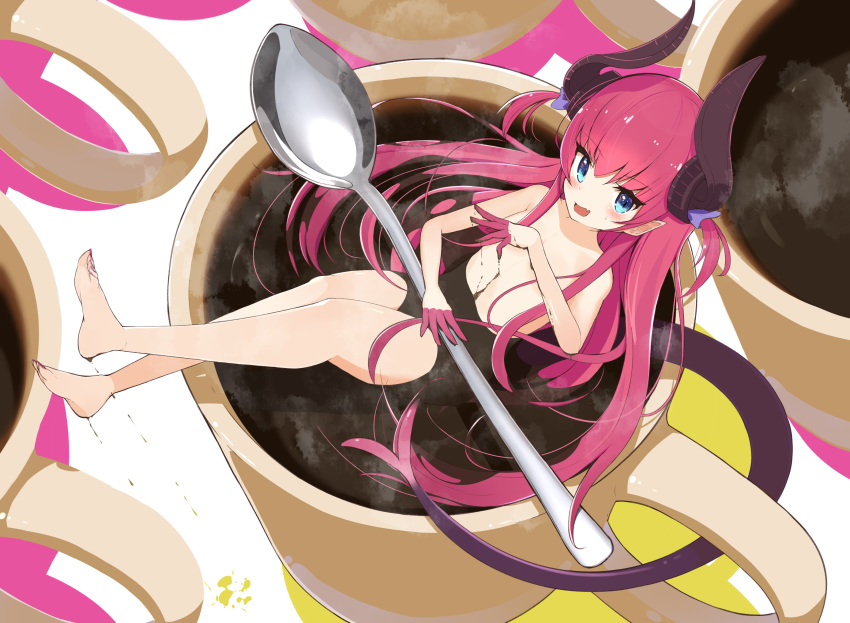 :d barefoot blue_eyes blush coffee coffee_mug commentary_request covering_breasts covering_privates cup dragon_horns dragon_tail elizabeth_bathory_(fate) elizabeth_bathory_(fate/extra_ccc) fate/extra fate/extra_ccc fate/grand_order fate_(series) female fingernails flat_chest from_above hair_ribbon highres holding holding_spoon horns in_container in_cup long_hair looking_at_viewer mini_person minigirl mug nude oerba_yun_fang open_mouth partially_submerged pink_hair pointy_ears ribbon sharp_fingernails skin_fang smile solo spoon tail very_long_hair yomogi_uehara