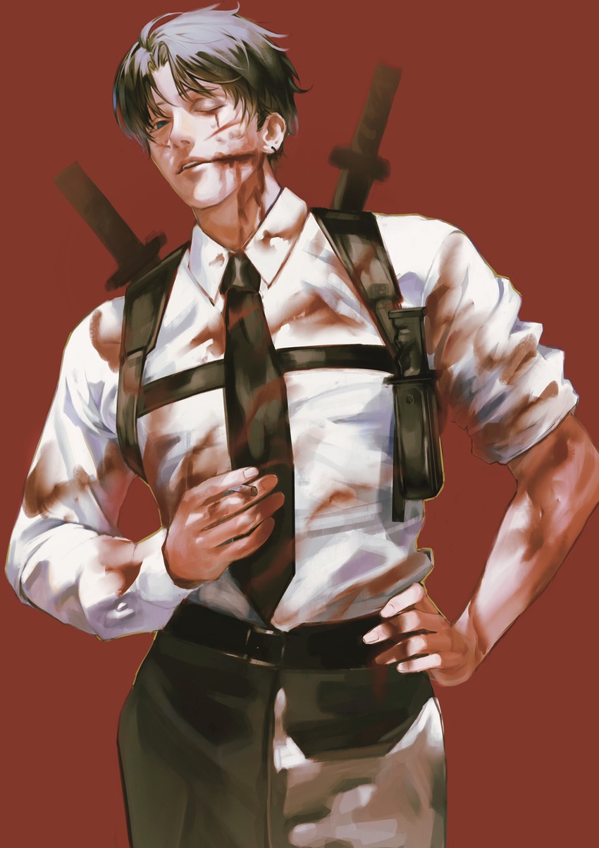 1boy belt black_hair black_necktie black_pants blood blood_from_eyes blood_on_clothes blood_on_face blue_eyes chainsaw_man chest_belt cigarette collared_shirt curtained_hair eulbhitomi hand_on_own_hip highres holding holding_cigarette injury katana kishibe_(chainsaw_man) kishibe_(young)_(chainsaw_man) knife looking_at_viewer male_focus necktie one_eye_closed pants red_background scar scar_on_cheek scar_on_face shirt shirt_tucked_in short_hair simple_background sleeves_rolled_up solo sword weapon weapon_on_back white_shirt