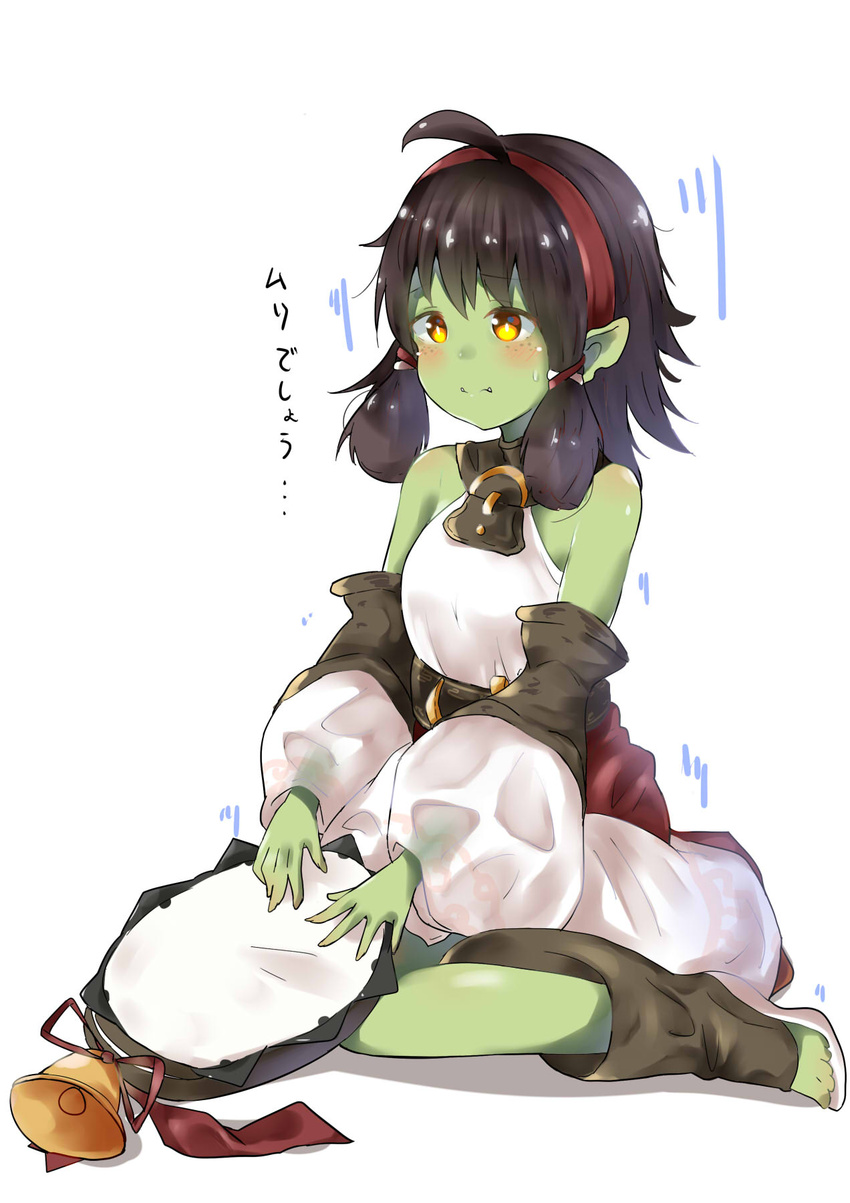 ahoge bare_shoulders bell black_hair blush breasts caravan_stories check_commentary closed_mouth colored_skin commentary commentary_request detached_sleeves dreamusun fangs fangs_out female female_orc full_body green_skin hair_ornament hairband highres long_sleeves looking_away orange_eyes orc puffy_long_sleeves puffy_sleeves red_hairband red_ribbon ribbon see-through see-through_sleeves shadow shirt sitting skirt sleeveless sleeveless_shirt small_breasts smile solo sweat translation_request wariza white_background white_shirt white_skirt x_hair_ornament zara_(caravan_stories)