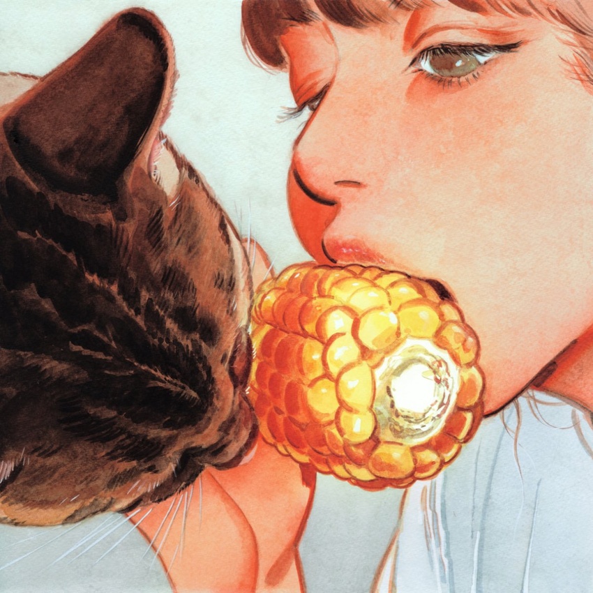 animal blue_background brown_eyes brown_hair close-up commentary_request corn corn_cob eating eyelashes feline female highres lips little_thunder looking_down original shared_food simple_background