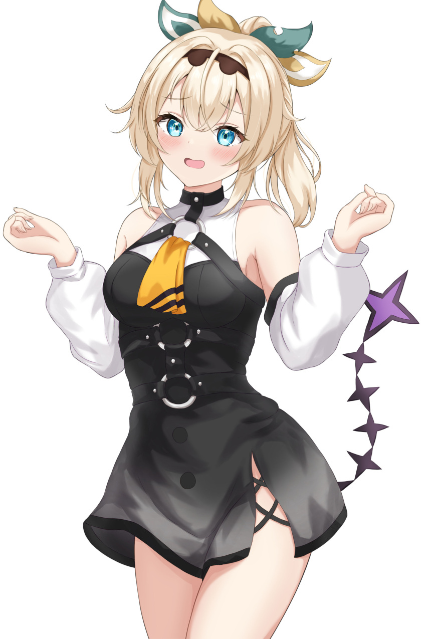 absurdres ascot bare_shoulders black_dress blonde_hair blue_eyes blush breasts commentary_request cosplay detached_sleeves dress female hair_ornament hands_up highres hololive kazama_iroha la+_darknesss la+_darknesss_(1st_costume) la+_darknesss_(cosplay) leaf_hair_ornament long_sleeves looking_at_viewer o-ring open_mouth ponytail puffy_long_sleeves puffy_sleeves rinkaa_(lovelive765pro2) short_dress short_hair side_slit simple_background sleeveless sleeveless_dress solo virtual_youtuber white_background yellow_ascot