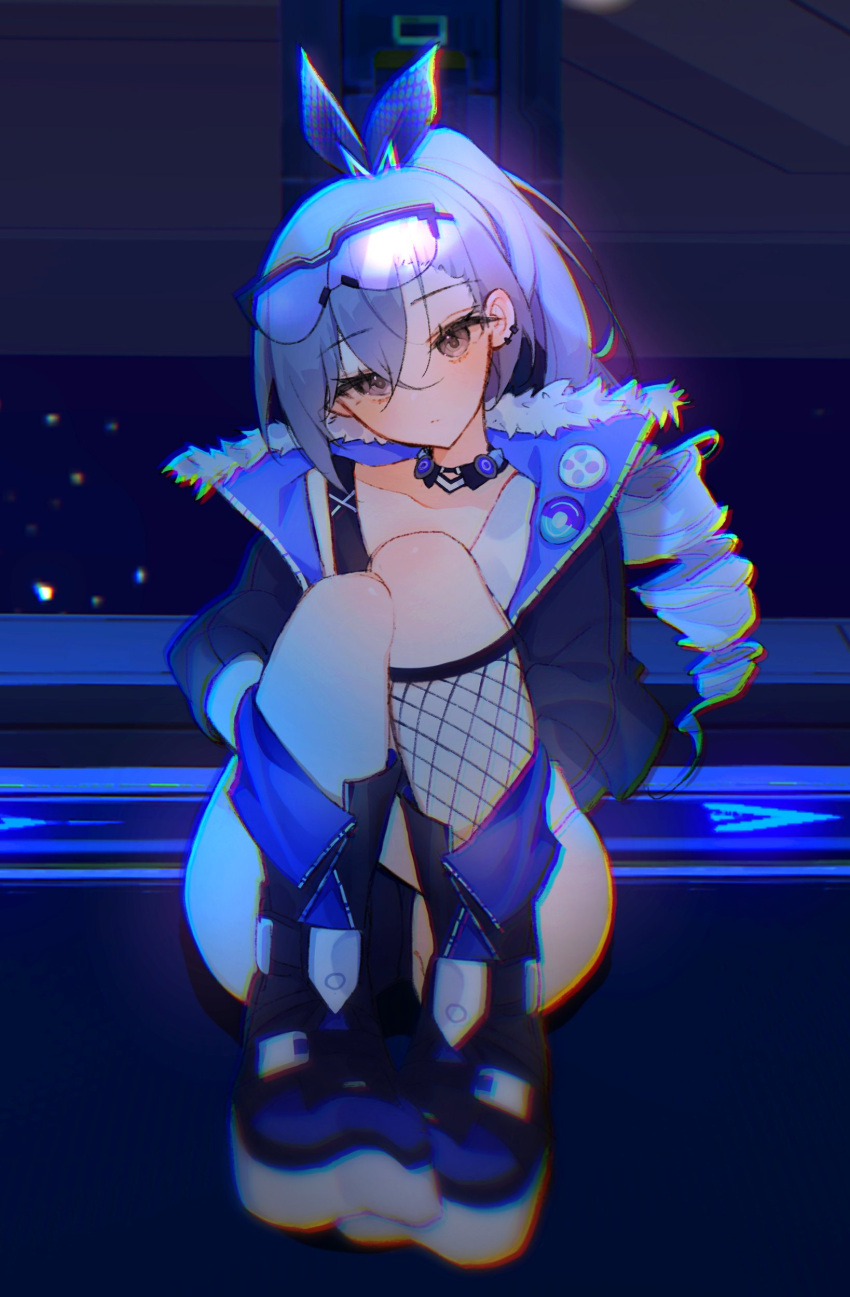 absurdres black_jacket black_tank_top blush brown_eyes choker closed_mouth crop_top ear_piercing eyewear_on_head female fur-trimmed_jacket fur_trim grey_hair head_tilt high_side_ponytail highres honkai:_star_rail honkai_(series) jacket li_nauu piercing silver_wolf_(honkai:_star_rail) sitting solo tank_top