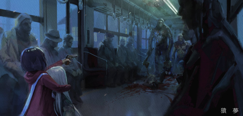 2channel 2girls ape axe blonde_hair blood brown_hair corpse from_behind gun hand_grip highres holding holding_axe holding_gun holding_weapon horror_(theme) kamikoshi_sorawo multiple_girls murder nishina_toriko piza_rokumai surreal train_interior urasekai_picnic urban_legend weapon