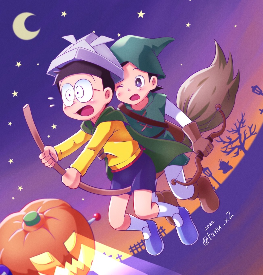 2boys blush broom broom_riding commentary_request costume crescent_moon dekisugi_hidetoshi doraemon glasses gradient_background halloween highres jack-o'-lantern light male_focus moon multiple_boys nobi_nobita one_eye_closed open_mouth paper_hat paper_kabuto pumpkin shirt shorts tanutanu_(tanu_x2) twitter_username yellow_shirt