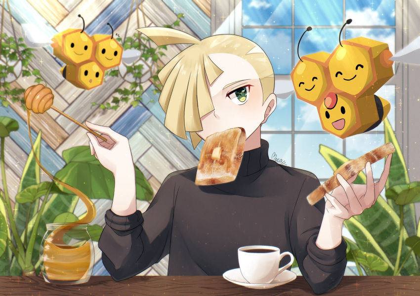 1boy ahoge alternate_costume bad_id bad_twitter_id blonde_hair bread bread_slice butter cloud combee commentary_request cup day food food_in_mouth gladion_(pokemon) green_eyes hair_over_one_eye highres holding honey honey_dipper indoors looking_at_viewer male_focus mocacoffee_1001 mouth_hold pokemon pokemon_(creature) pokemon_sm pot saucer short_hair signature sky sparkle table teacup toast toast_in_mouth window