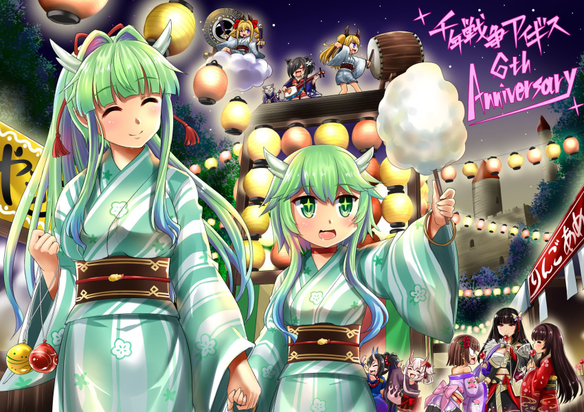 +_+ 6+girls anniversary bachi black_hair blunt_bangs bow brown_hair candy_apple character_request closed_eyes cloud cotton_candy drum festival floral_print food fuuko_(sennen_sensou_aigis) green_eyes green_hair green_kimono hair_intakes hair_ornament hair_over_one_eye hairbow highres horns instrument japanese_clothes kasumi_(sennen_sensou_aigis) kimono kuuko_(sennen_sensou_aigis) lantern multiple_girls night night_sky one_eye_closed onibahime_(sennen_sensou_aigis) paper_lantern plectrum purple_kimono ramii_(sennen_sensou_aigis) red_bow red_eyes red_kimono red_ribbon remii ribbon rindou_(sennen_sensou_aigis) sennen_sensou_aigis shamisen sidelocks sky standing taiko_drum tsubakiyama_parry water_balloon water_yoyo yukata