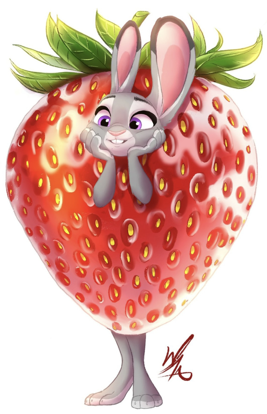 2022 anthro clothing costume disney female food food_costume fruit hand_on_cheek hi_res judy_hopps lagomorph leporid mammal plant purple_eyes rabbit signature simple_background solo standing strawberry strawberry_costume thewinterbunny white_background zootopia