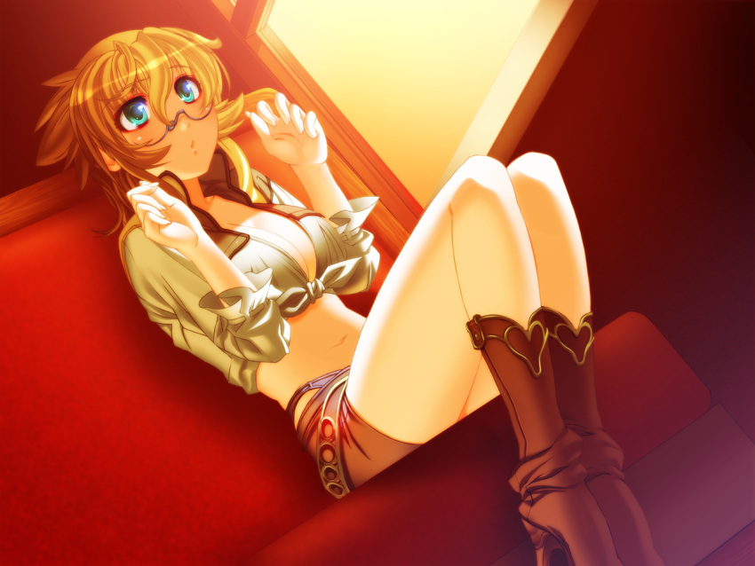 aqua_eyes blonde_hair boots breasts brown_footwear brown_shorts cleavage collarbone crop_top demonbane dutch_angle female game_cg glasses grey-framed_eyewear hair_between_eyes high_heel_boots high_heels knee_boots large_breasts leica_(demonbane) long_hair midriff navel nishii_(damnedrive) semi-rimless_eyewear shirt short_shorts shorts sitting solo stomach tied_shirt train_interior under-rim_eyewear white_shirt