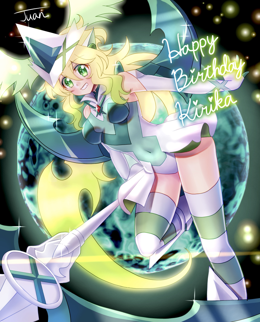 absurdres akatsuki_kirika blonde_hair blush breasts covered_navel dated female glowing glowing_hair gradient_hair green_eyes green_hair green_leotard happy_birthday highres juan_0121 leotard long_hair looking_at_viewer medium_breasts multicolored_hair parted_lips scythe senki_zesshou_symphogear smile solo striped_clothes striped_thighhighs teeth thighhighs x-drive_(symphogear)