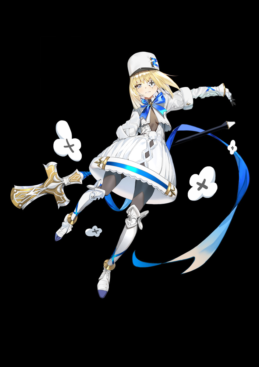 absurdres armor armored_boots azur_lane bijian_de_linghun black_background black_pantyhose blonde_hair blue_bow blue_bowtie blue_eyes blue_ribbon bob_cut bodystocking boots bow bowtie breasts capelet chinese_commentary commentary_request crosier cross dress eyepatch female flower full_body gauntlets gloves greaves grin hair_between_eyes hat highres holding holding_staff holding_weapon kepi knee_boots le_terrible_(azur_lane) leg_up long_sleeves looking_at_viewer medium_hair military_hat neck_ribbon pantyhose ribbon simple_background skindentation small_breasts smile solo staff standing standing_on_one_leg teeth thigh_strap vambraces weapon white_capelet white_dress white_footwear white_gloves white_hat