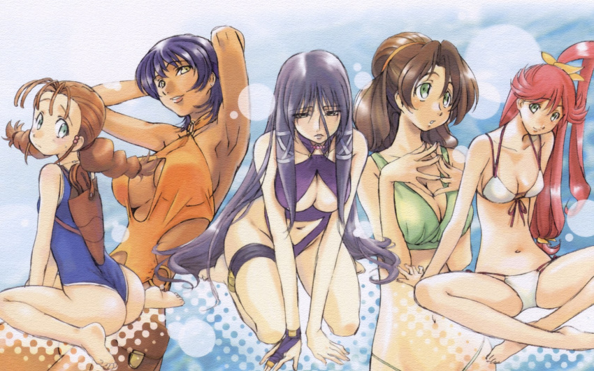 5girls armpits arms_up ass bikini blue_hair braid breasts bridal_gauntlets brown_hair carmen99 cleavage cleavage_cutout clothing_cutout dark-skinned_female dark_skin fasalina front-tie_top green_eyes gunxsword highres kimura_takahiro kneeling large_breasts lolicon long_hair looking_back multiple_girls one-piece_swimsuit ookouchi_ricca ponytail priscilla_(gunxsword) purple_hair red_hair short_hair side-tie_bikini_bottom side_ponytail smile swimsuit thigh_strap twin_braids very_long_hair wendy_garrett yellow_eyes yukiko_steavens