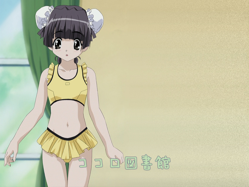 anime_screenshot bikini black_hair bun_cover curtains double_bun female hair_bun kokoro_(kokoro_toshokan) kokoro_toshokan solo swimsuit window yellow_bikini