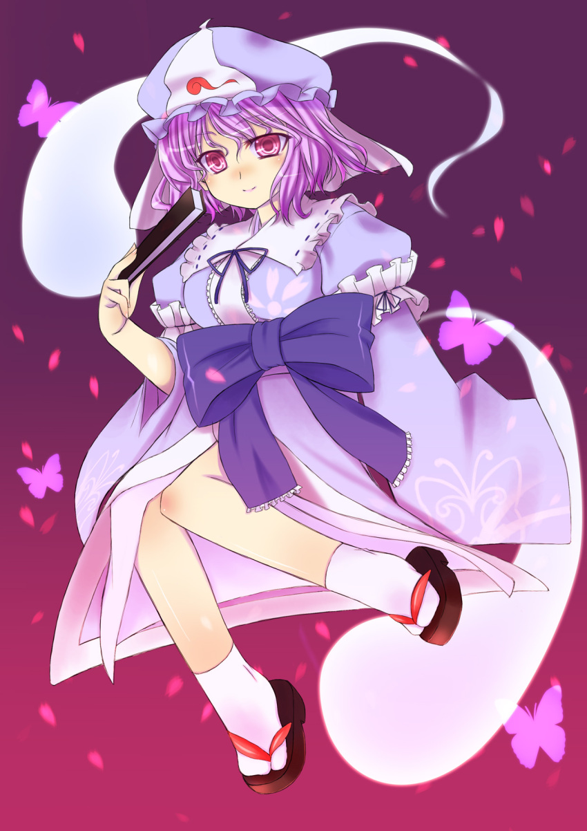 bad_id bad_pixiv_id chiha_(abo_ecm_mk25) female folded_fan folding_fan ghost hand_fan hat highres japanese_clothes kimono pink_eyes pink_hair ribbon saigyouji_yuyuko short_hair solo touhou