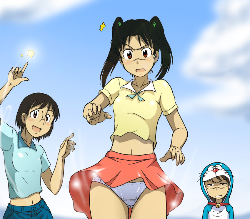 3girls amasawa_yuuko brown_eyes brown_hair character_request commentary_request cosplay dennou_coil doraemon doraemon_(character) doraemon_(character)_(cosplay) fake_whiskers flat_chest glasses midriff multiple_girls okonogi_yuuko panties pantyshot short_hair takaya_n twintails underwear wind wind_lift