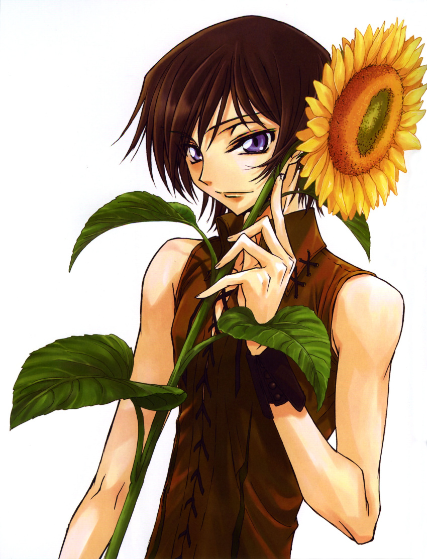 1boy absurdres black_hair code_geass flower highres kimura_takahiro lelouch_vi_britannia male_focus ookouchi_ricca purple_eyes solo sunflower