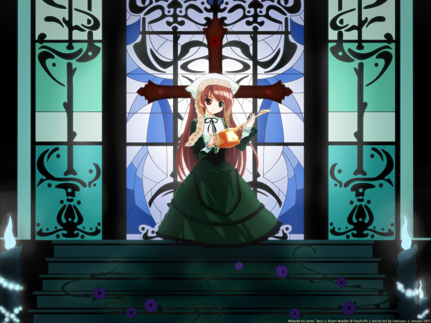 brown_hair candle church cross female heterochromia highres photoshop_(medium) rozen_maiden solo souryuu_(double_dragon) stairs suiseiseki third-party_edit