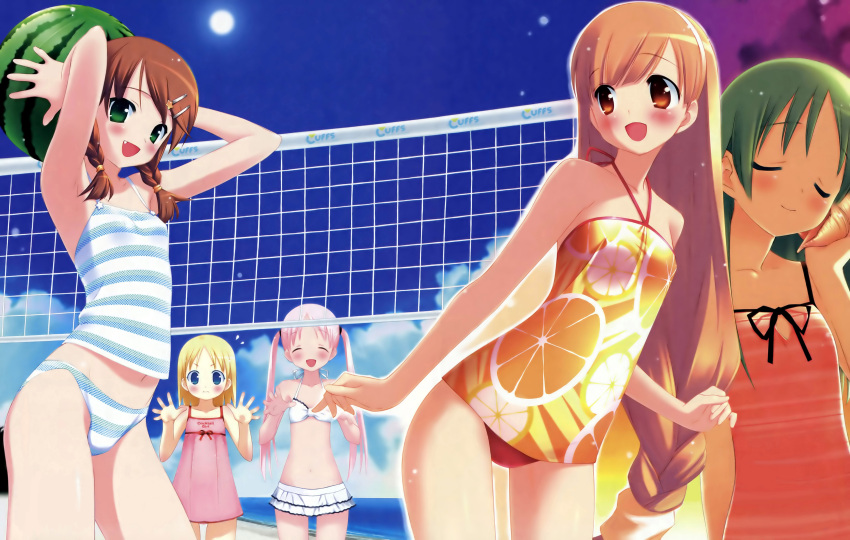 5girls absurdres armpits bikini blush braid food frilled_bikini frills fruit garden_(game) gayarou highres himemiya_ruri holding holding_food holding_fruit holding_watermelon hoshino_erika multiple_girls oerba_yun_fang orange_print otokawa_sayo photoshop_(medium) rindou_mana striped_bikini striped_clothes suzumura_azami swimsuit twin_braids twintails watermelon