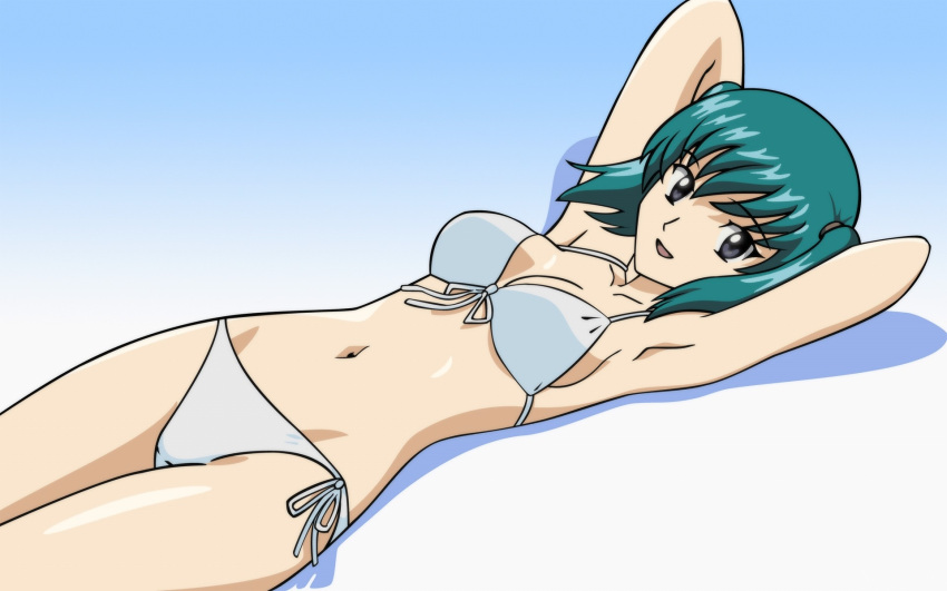 bikini blue_eyes female green_hair highres honjou_mikaze lying side-tie_bikini_bottom solo stratos_4 swimsuit vector_trace white_bikini yamauchi_noriyasu