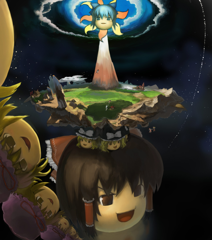 6+girls alice_margatroid bob_(biyonbiyon) cirno commentary_request discworld flandre_scarlet gensokyo hakurei_reimu highres hong_meiling ibuki_suika inaba_tewi island_turtle kirisame_marisa multiple_girls parody reisen_udongein_inaba remilia_scarlet scarlet_devil_mansion shameimaru_aya shanghai_doll shrine space torii touhou what yakumo_yukari yukkuri_shiteitte_ne