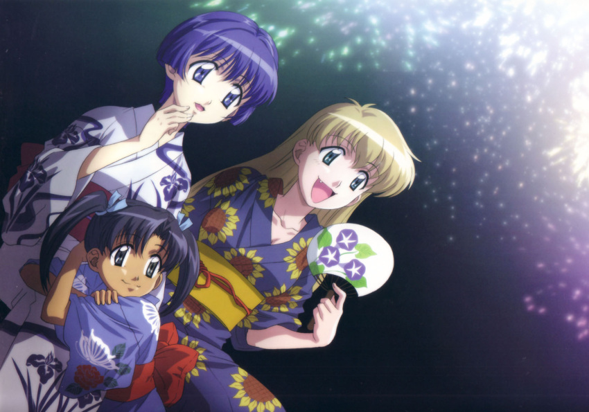 3girls :d aerial_fireworks ai_yori_aoshi aqua_eyes black_hair blonde_hair blue_eyes blue_hair crossed_arms dutch_angle fireworks floral_print hand_fan highres japanese_clothes kimono long_hair minazuki_chika multiple_girls nakayama_yumi night night_sky obi oerba_yun_fang official_art open_mouth paper_fan photoshop_(medium) sakuraba_aoi sash short_hair sky smile tina_foster twintails uchiwa yukata