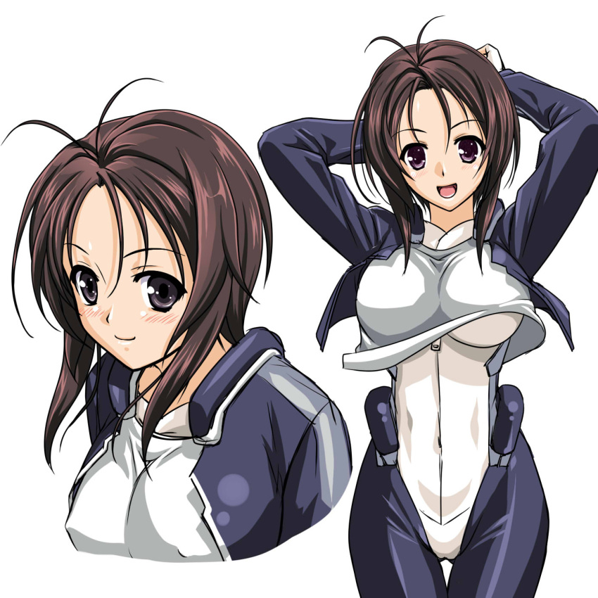 adjusting_hair antenna_hair arms_up bodysuit breasts brown_eyes brown_hair commentary_request female fingerless_gloves gloves highres kyoukaisenjou_no_horizon large_breasts mizoro_tadashi multiple_views open_mouth oriotorai_makiko pantyhose shirt smile t-shirt