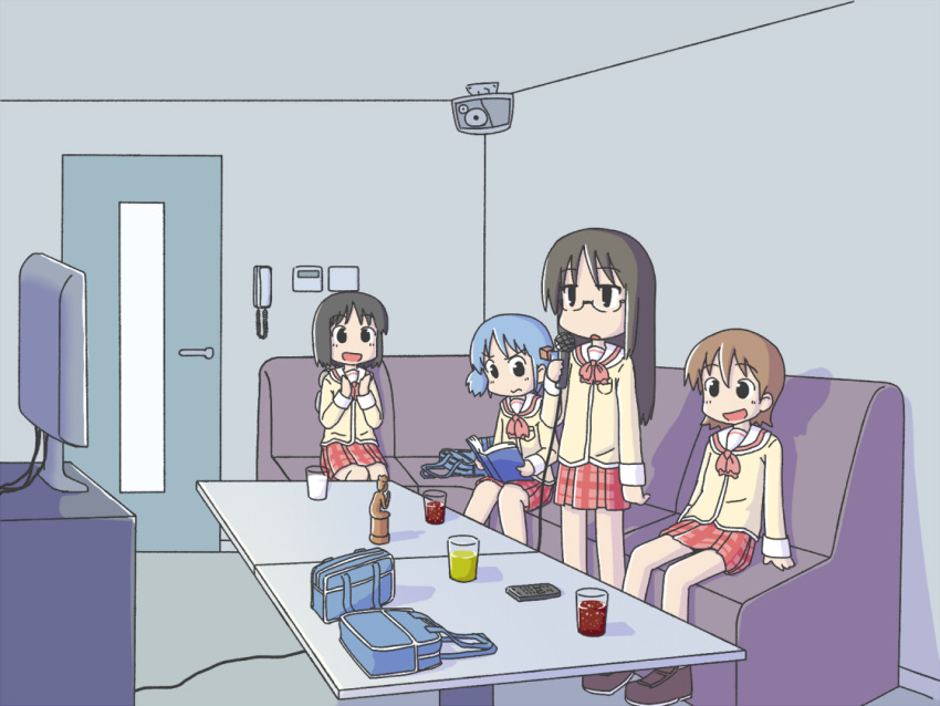 4girls aioi_yuuko bag black_hair blue_hair book brown_hair commentary_request controller glass glasses holding karaoke long_hair microphone minakami_mai multiple_girls music naganohara_mio nichijou open_mouth reading remote_control school_uniform shinonome_nano shoes short_hair short_twintails singing sitting skirt standing table tokisadame_school_uniform tomboo twintails wavy_mouth winding_key