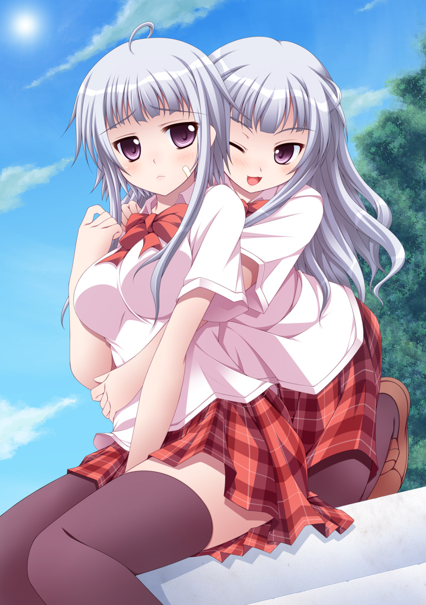 2girls :< :d ahoge bad_id bad_pixiv_id ben-tou black_legwear breasts colorized dress_shirt grey_hair highres hug hug_from_behind kaima legs loafers long_hair medium_breasts miniskirt multiple_girls one_eye_closed open_mouth pantyhose plaid plaid_skirt purple_eyes sawagi_kyou_(elder) sawagi_kyou_(younger) shirt shoes siblings sisters skirt smile thighhighs thighs twins yaemahi zettai_ryouiki