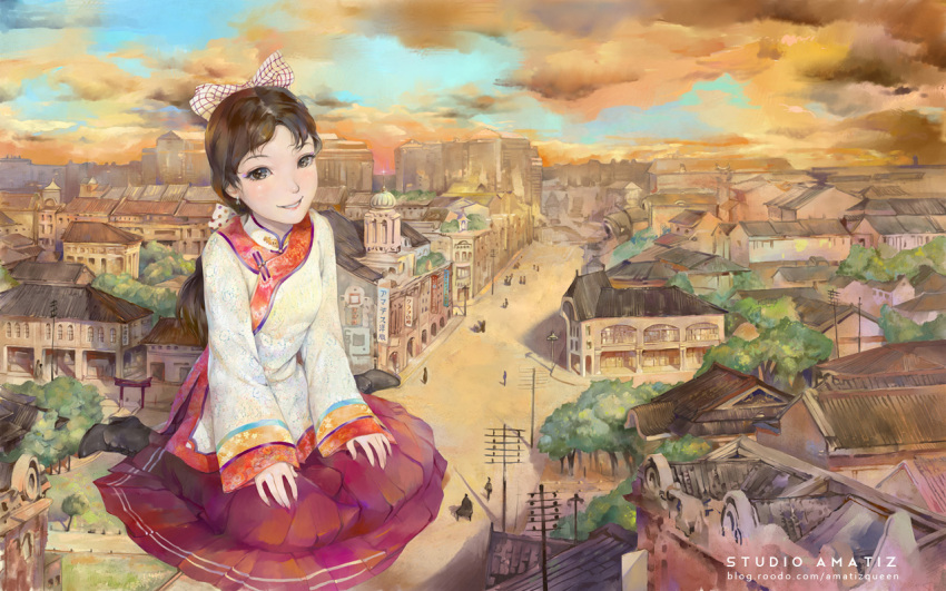 amatiz boots bow brown_eyes brown_hair building chinese_clothes chinese_commentary cityscape cloud commentary earrings eyeliner female giant giantess hairbow jewelry lipstick makeup nail_polish original photoshop_(medium) ponytail sitting sky smile taishou taiwan toggles tree wariza