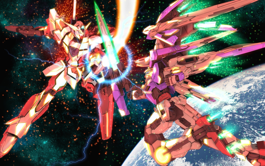 00_gundam 00_raiser battle commentary_request earth_(planet) energy_sword gundam gundam_00 highres mecha no_humans planet reborns_gundam robot space sparkle sword trans-am weapon zefai