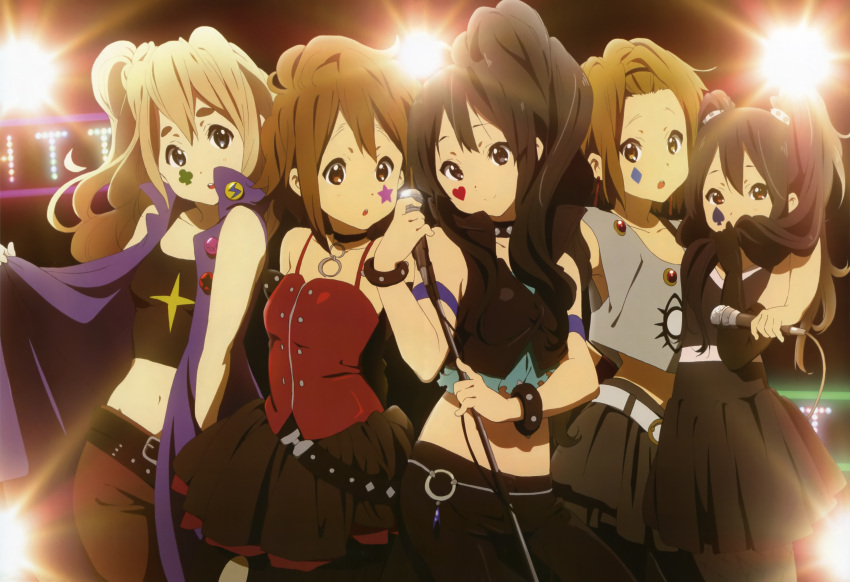 5girls :o absurdres akiyama_mio belt black_eyes black_hair blonde_hair blue_eyes brown_eyes brown_hair covering_own_mouth death_devil highres hirasawa_yui k-on! kotobuki_tsumugi long_hair microphone midriff multiple_girls nakano_azusa navel nyantype official_art scan tainaka_ritsu twintails yamada_naoko