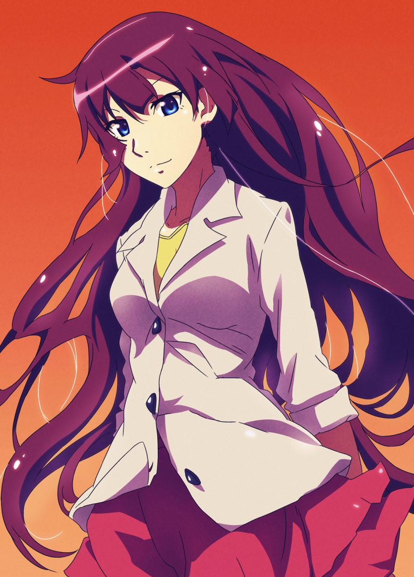 bakemonogatari blue_eyes commentary_request female highres long_hair monogatari_(series) naoetsu_high_school_uniform purple_hair school_uniform senjougahara_hitagi smile solo tappa_(esperanza)