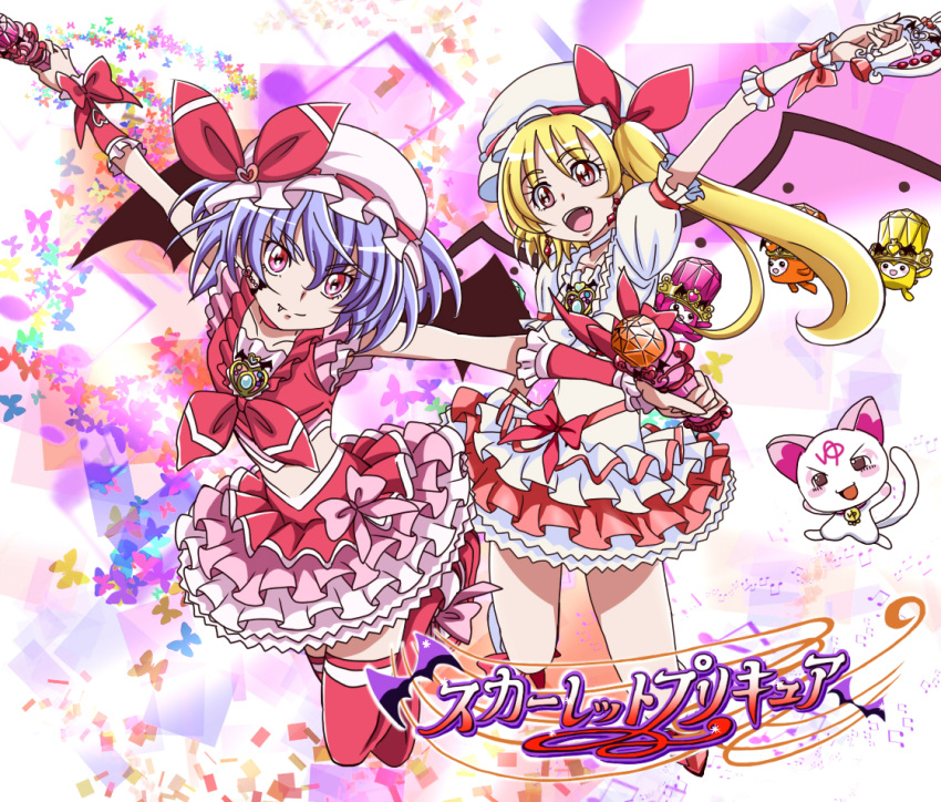 2girls aru-111 bat_wings blonde_hair bow choker commentary_request cosplay cure_melody cure_melody_(cosplay) cure_melody_pose cure_rhythm cure_rhythm_(cosplay) cure_rhythm_pose dory eyelashes fantastic_belltier fary flandre_scarlet fusion hairbow hummy_(suite_precure) long_hair miracle_belltier miry multiple_girls oerba_yun_fang parody pink_wrist_cuffs precure red_eyes remilia_scarlet ribbon suite_precure thighhighs touhou white_choker wings wrist_cuffs yukkuri_shiteitte_ne